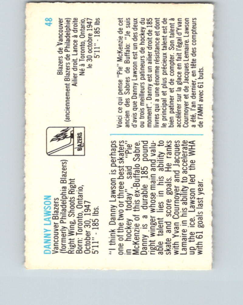 1973-74 Quaker Oats WHA #48 Danny Lawson Vancouver Blazers V8957