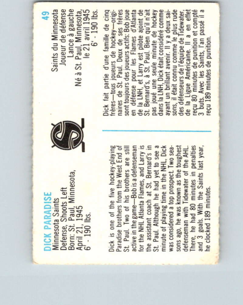 1973-74 Quaker Oats WHA #49 Dick Paradise Minnesota V8958