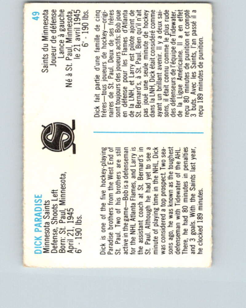 1973-74 Quaker Oats WHA #49 Dick Paradise Minnesota V8959