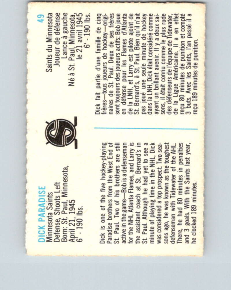 1973-74 Quaker Oats WHA #49 Dick Paradise Minnesota V8960