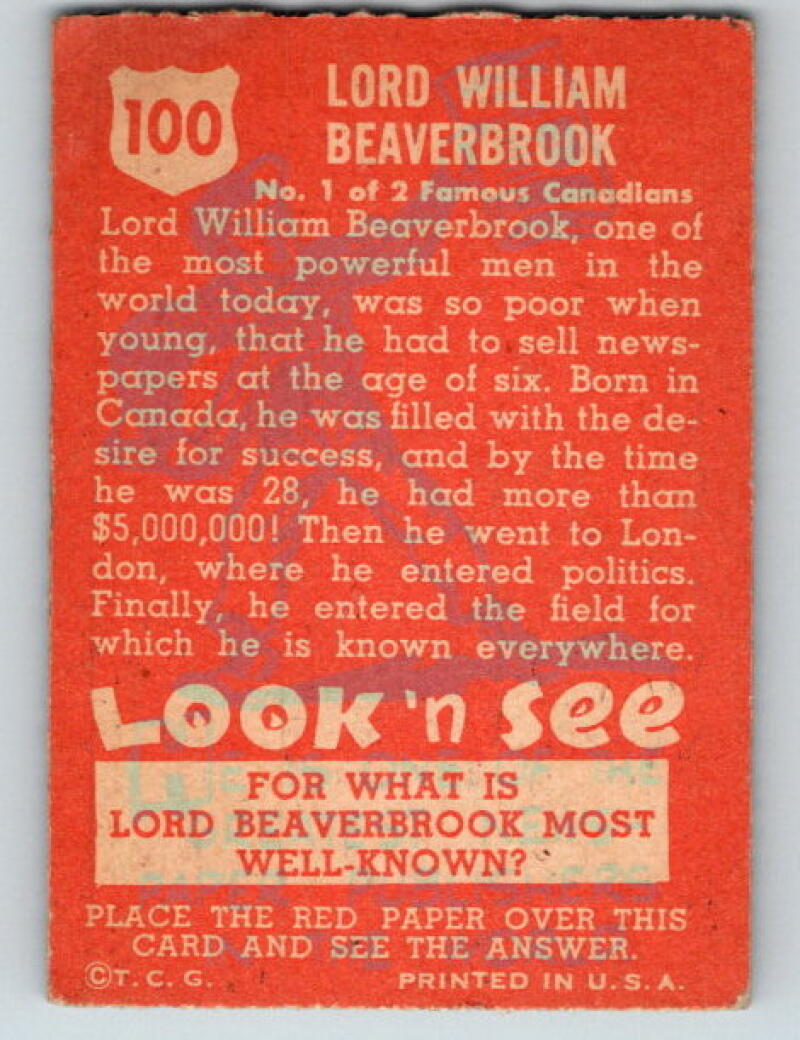 1952 Topps Look 'n See #100 William Beaverbrook Vintage Card V8968