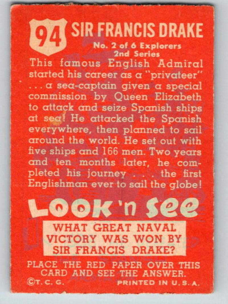 1952 Topps Look 'n See #94 Sir Francis Drake Vintage Card V8969