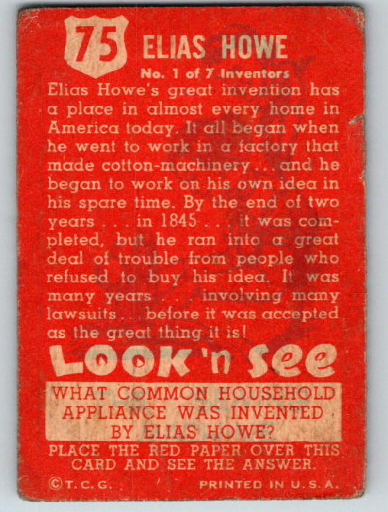 1952 Topps Look 'n See #75 Elias Howe Vintage Card V8971
