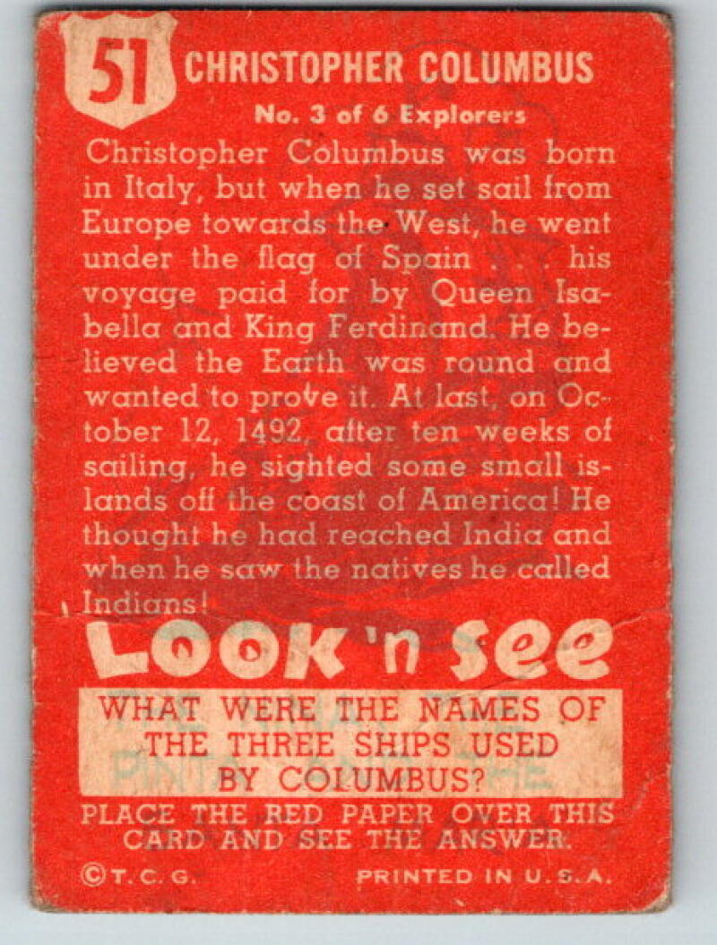 1952 Topps Look 'n See #51 Christopher Columbus Vintage Card V8975