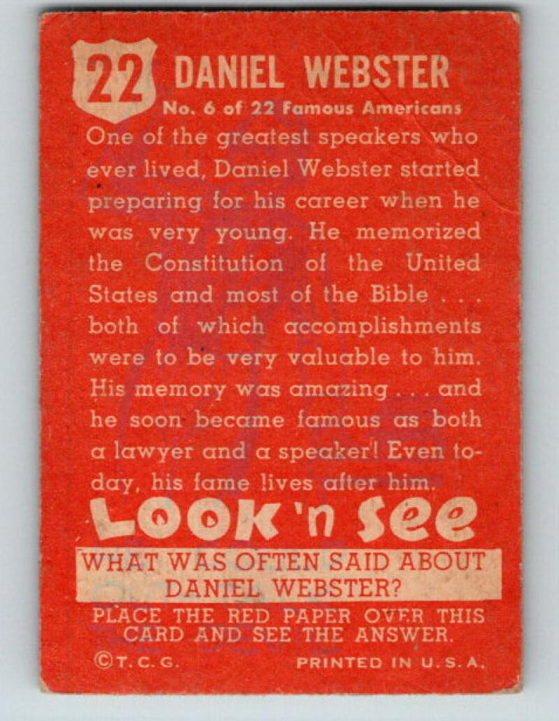 1952 Topps Look 'n See #22 Daniel Webster Vintage Card V8980