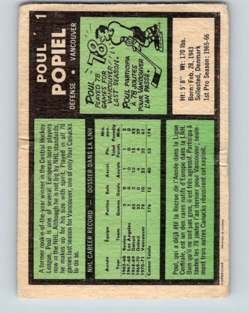 1971-72 O-Pee-Chee #1 Poul Popiel Vancouver Canucks V8988
