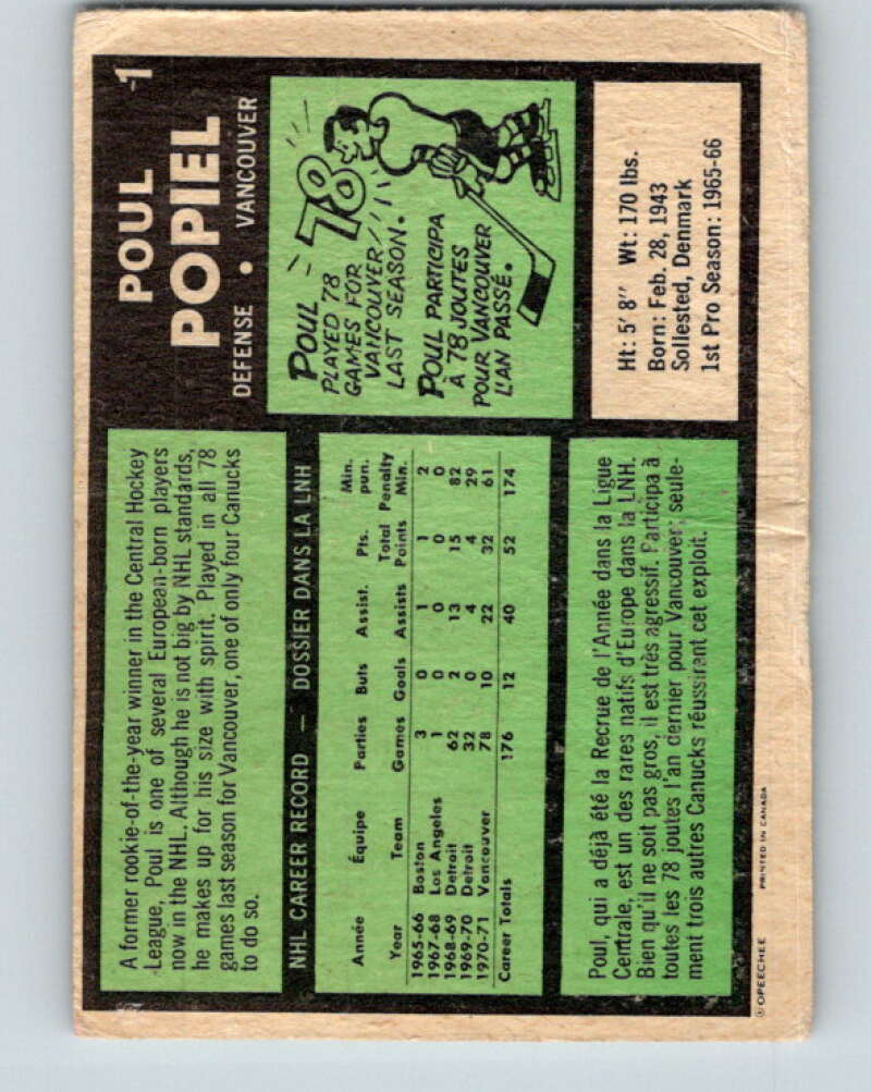 1971-72 O-Pee-Chee #1 Poul Popiel Vancouver Canucks V8990