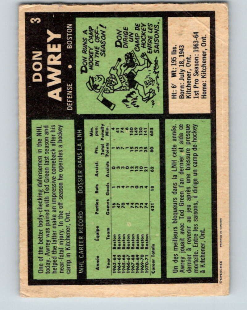 1971-72 O-Pee-Chee #3 Don Awrey Boston Bruins V8991
