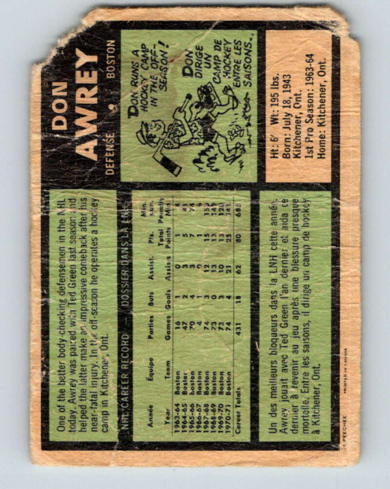 1971-72 O-Pee-Chee #3 Don Awrey Boston Bruins V8992