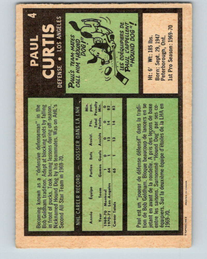 1971-72 O-Pee-Chee #4 Paul Curtis RC Rookie Los Angeles Kings V8993