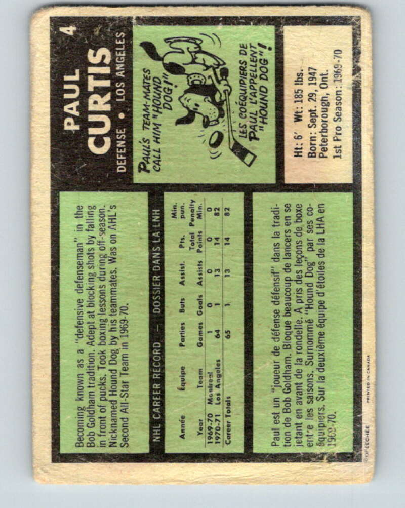 1971-72 O-Pee-Chee #4 Paul Curtis RC Rookie Los Angeles Kings V8994