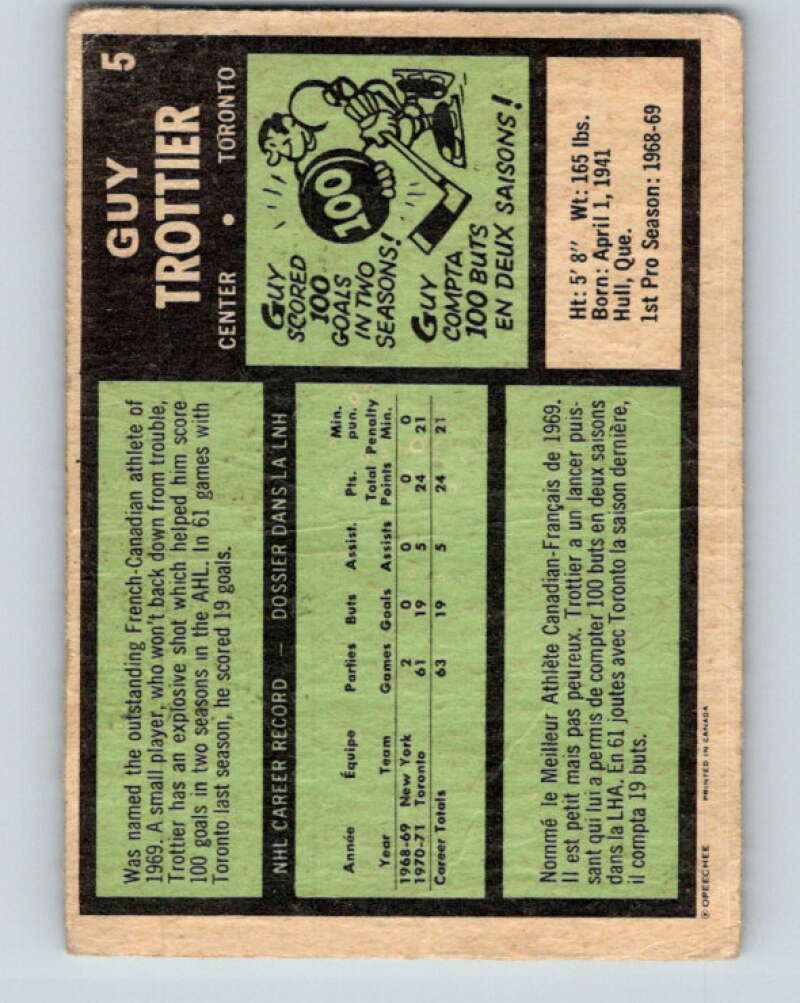 1971-72 O-Pee-Chee #5 Guy Trottier RC Rookie Toronto Maple Leafs V8995