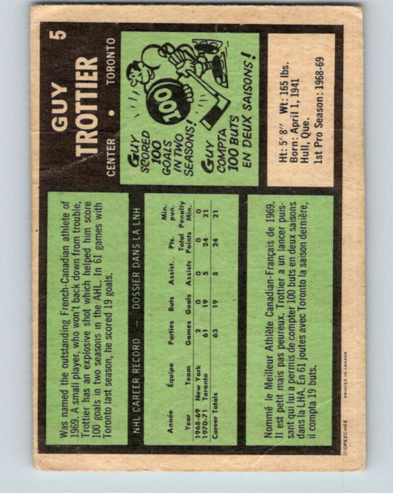 1971-72 O-Pee-Chee #5 Guy Trottier RC Rookie Toronto Maple Leafs V8996