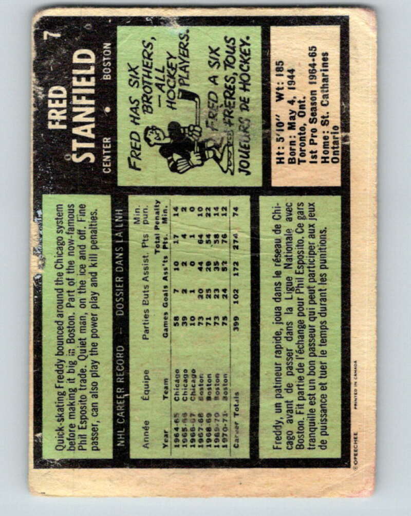 1971-72 O-Pee-Chee #7 Fred Stanfield Boston Bruins V8999
