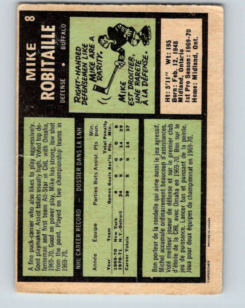1971-72 O-Pee-Chee #8 Mike Robitaille RC Rookie Buffalo Sabres V9000