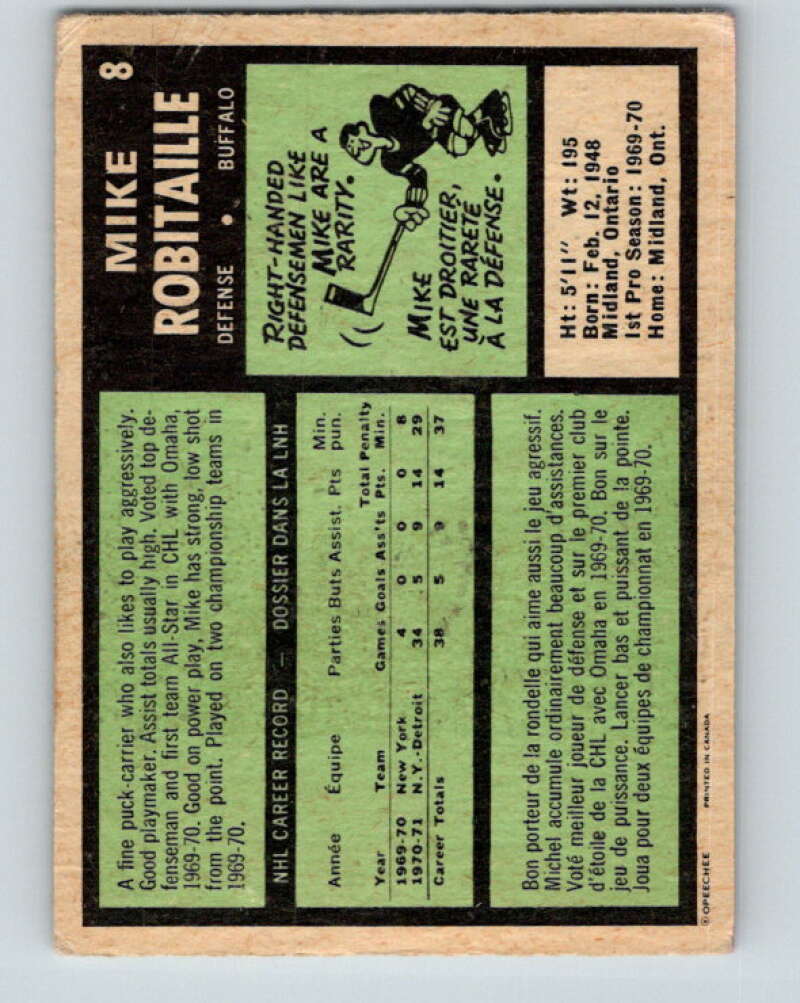 1971-72 O-Pee-Chee #8 Mike Robitaille RC Rookie Buffalo Sabres V9001
