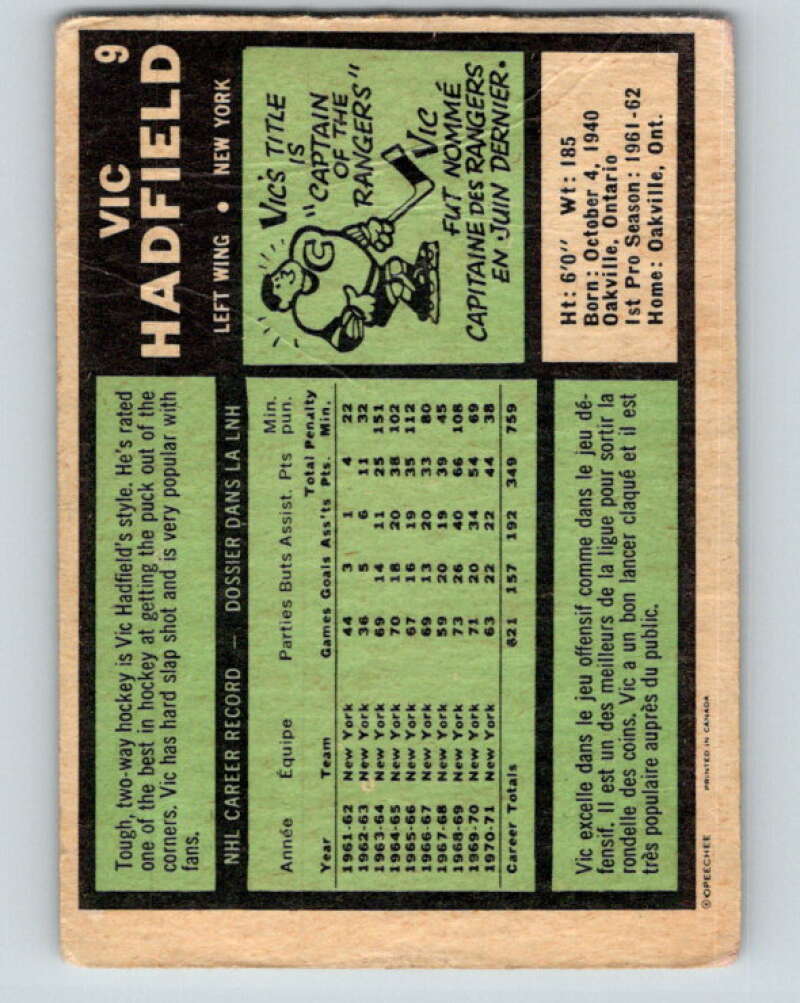 1971-72 O-Pee-Chee #9 Vic Hadfield New York Rangers V9003