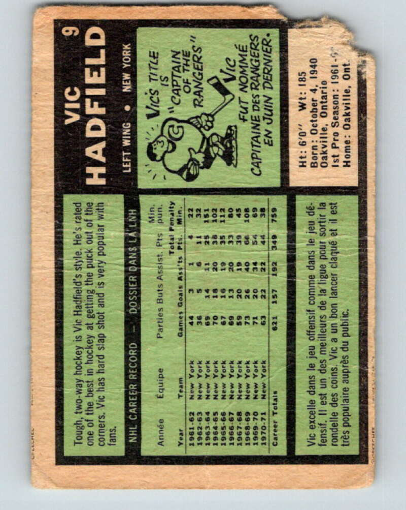1971-72 O-Pee-Chee #9 Vic Hadfield New York Rangers V9004