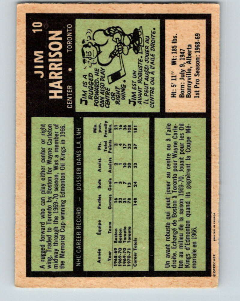 1971-72 O-Pee-Chee #10 Jim Harrison Toronto Maple Leafs V9006