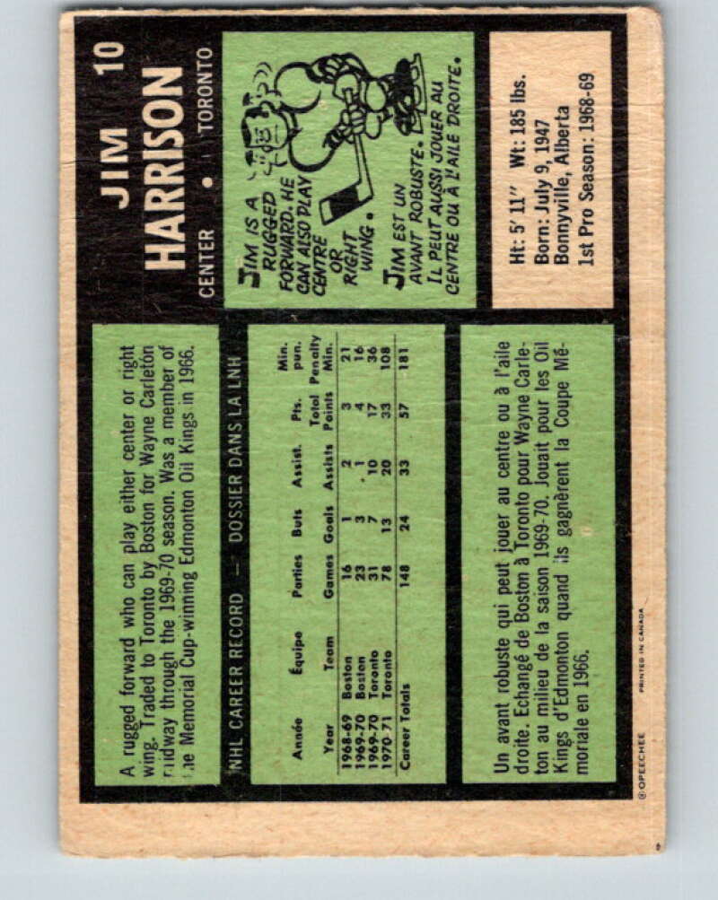 1971-72 O-Pee-Chee #10 Jim Harrison Toronto Maple Leafs V9007