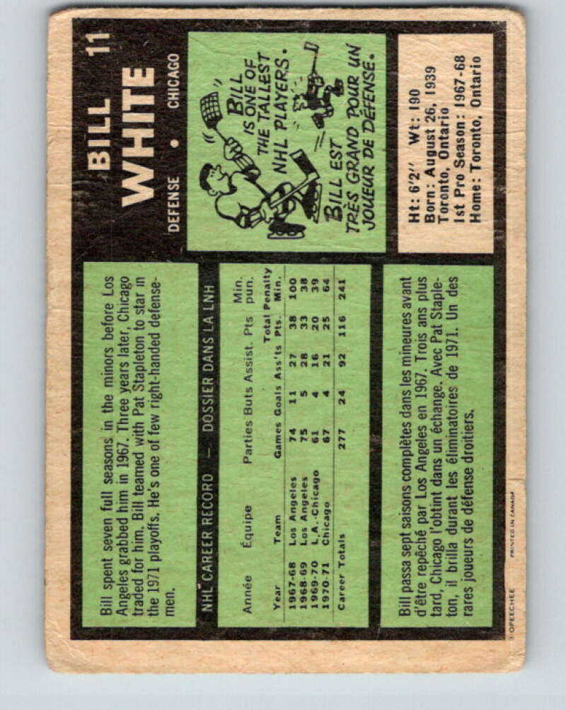 1971-72 O-Pee-Chee #11 Bill White Chicago Blackhawks V9009