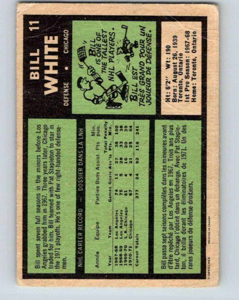 1971-72 O-Pee-Chee #11 Bill White Chicago Blackhawks V9010