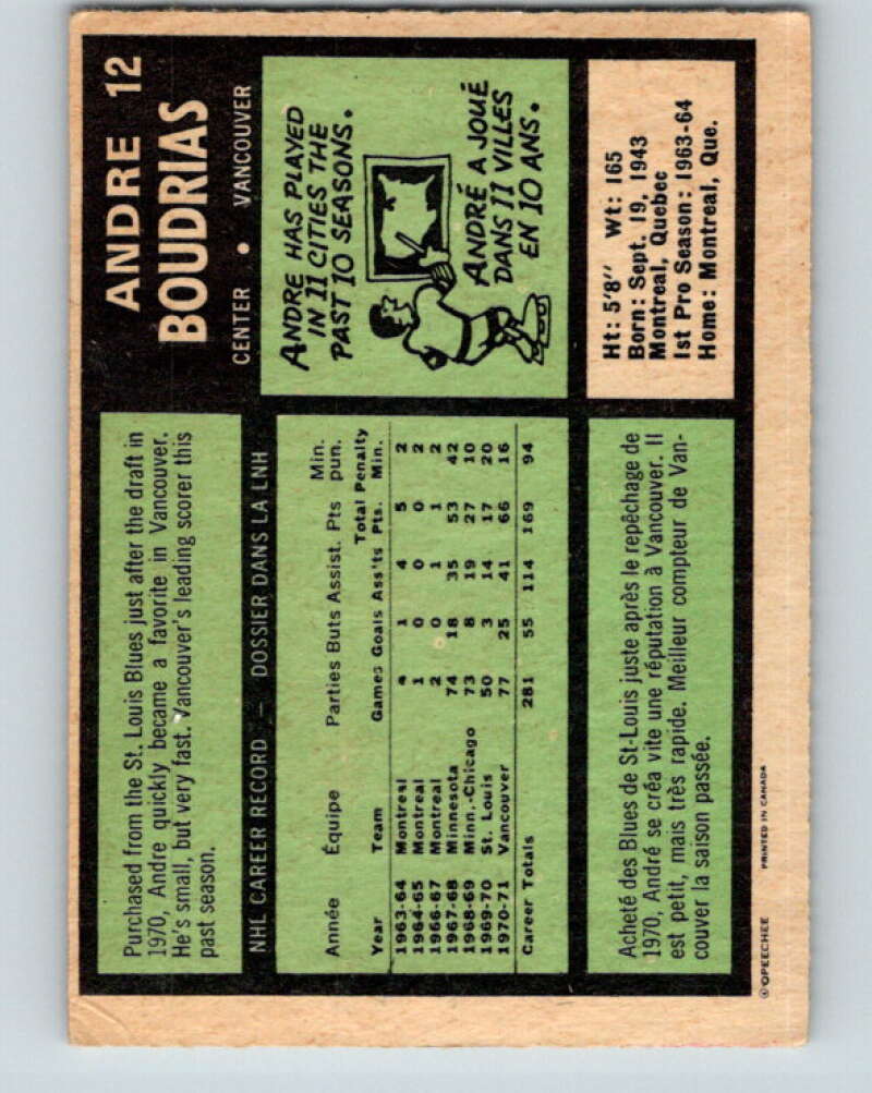1971-72 O-Pee-Chee #12 Andre Boudrias Vancouver Canucks V9011