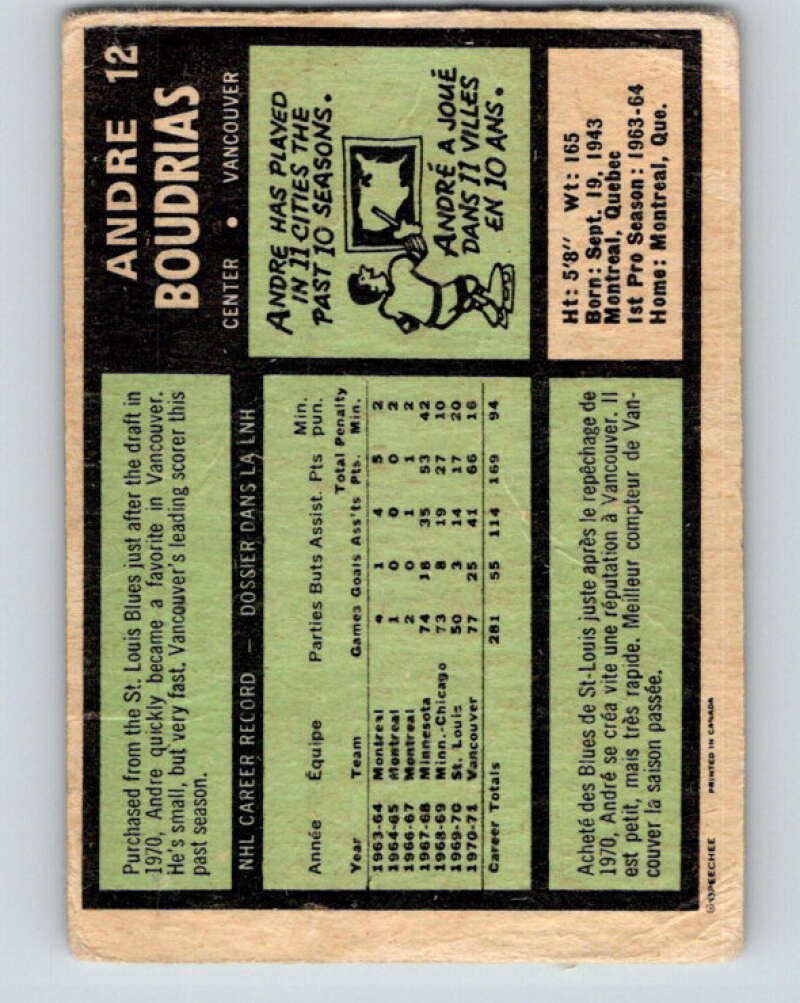 1971-72 O-Pee-Chee #12 Andre Boudrias Vancouver Canucks V9012