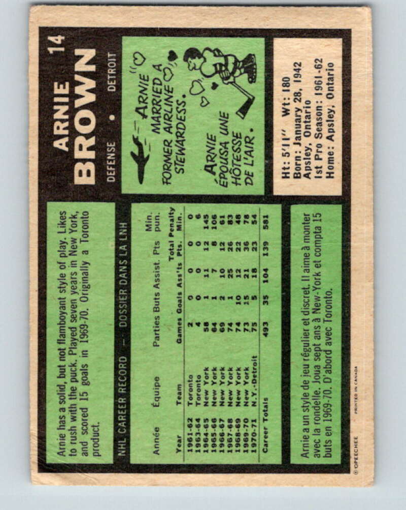 1971-72 O-Pee-Chee #14 Arnie Brown Detroit Red Wings V9016