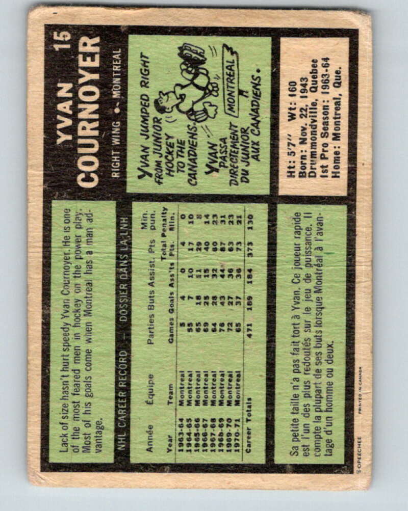 1971-72 O-Pee-Chee #15 Yvan Cournoyer Montreal Canadiens V9019