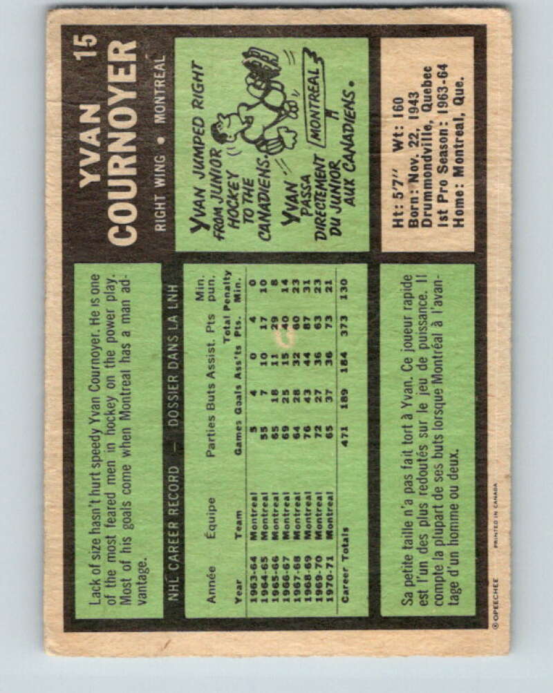 1971-72 O-Pee-Chee #15 Yvan Cournoyer Montreal Canadiens V9020