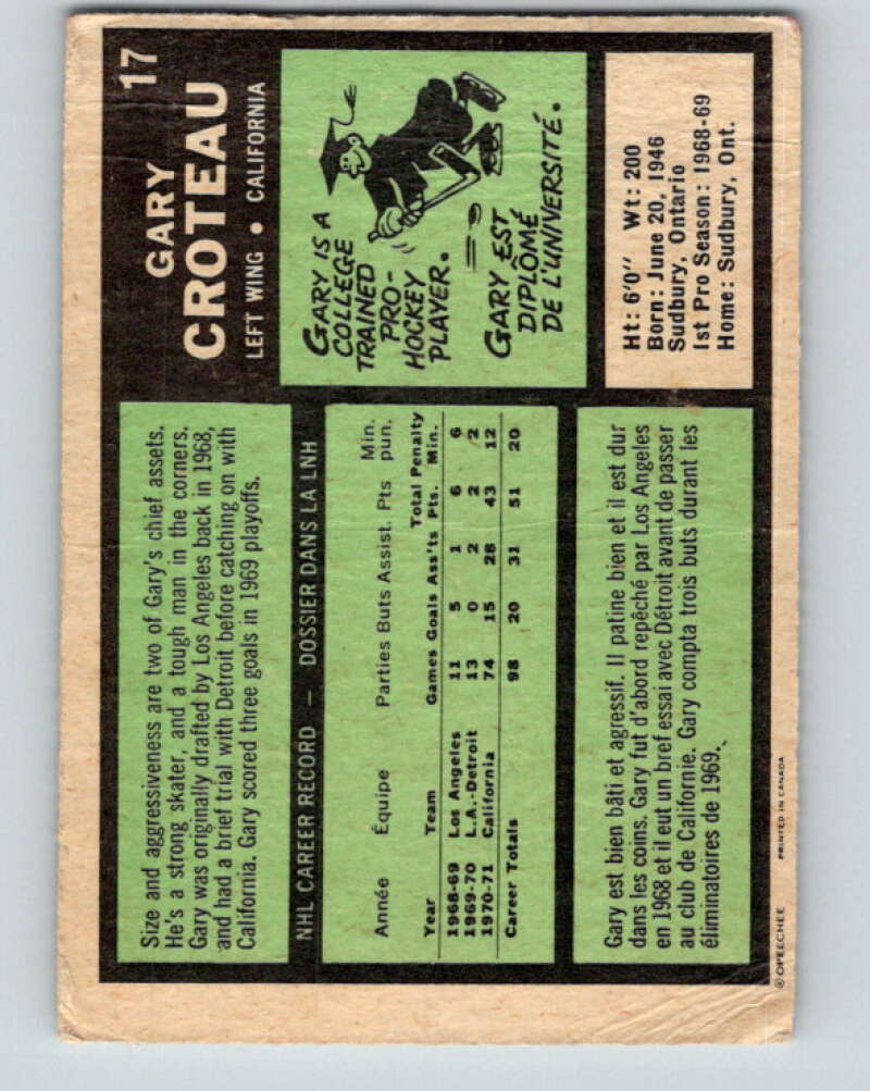 1971-72 O-Pee-Chee #17 Gary Croteau California Golden Seals V9022