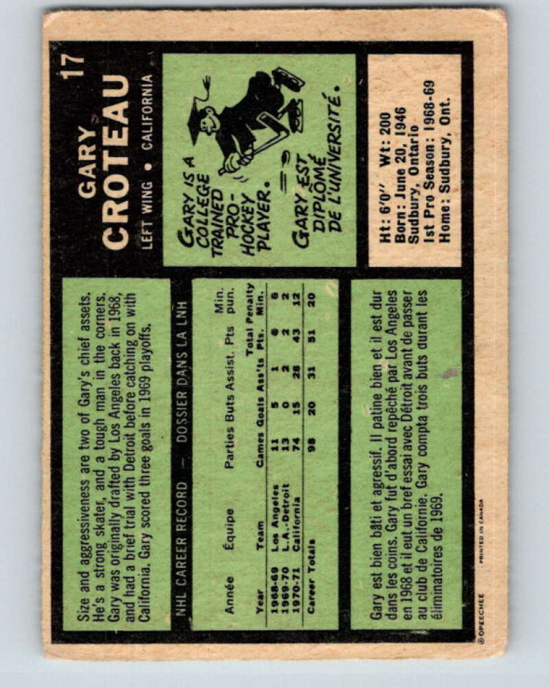 1971-72 O-Pee-Chee #17 Gary Croteau California Golden Seals V9023