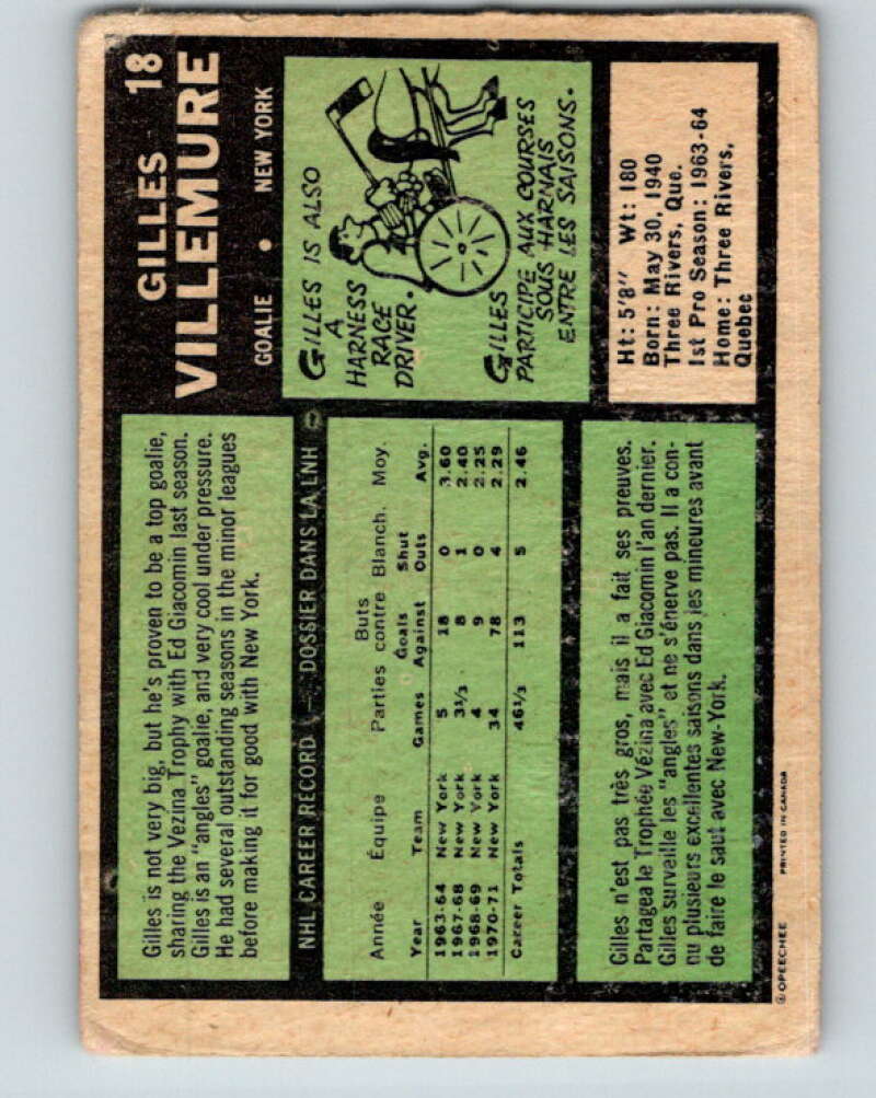 1971-72 O-Pee-Chee #18 Gilles Villemure New York Rangers V9026