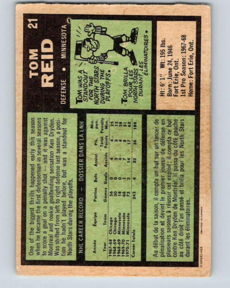 1971-72 O-Pee-Chee #21 Tom Reid Minnesota North Stars V9031