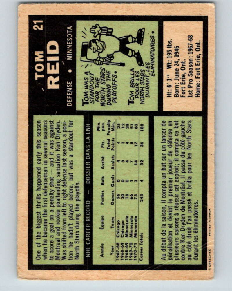 1971-72 O-Pee-Chee #21 Tom Reid Minnesota North Stars V9032