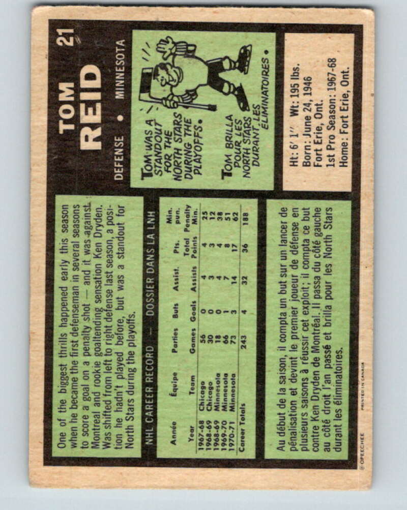 1971-72 O-Pee-Chee #21 Tom Reid Minnesota North Stars V9033