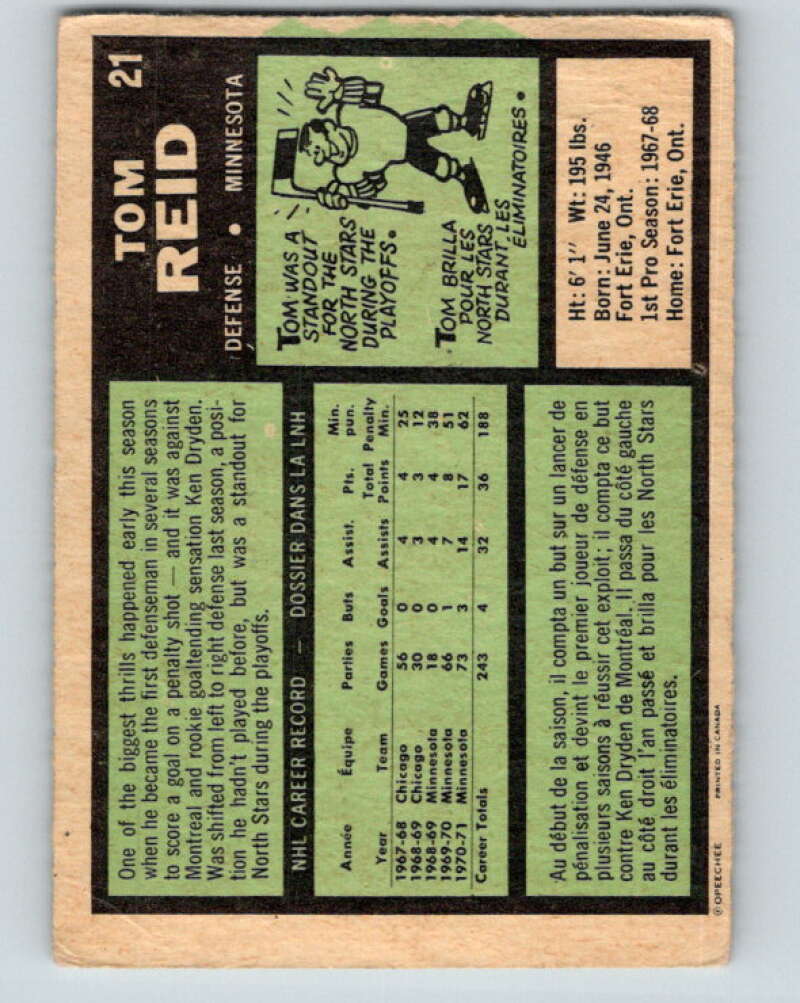 1971-72 O-Pee-Chee #21 Tom Reid Minnesota North Stars V9034