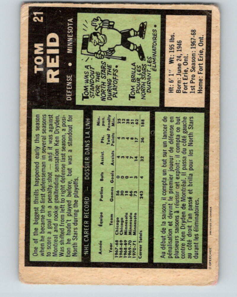 1971-72 O-Pee-Chee #21 Tom Reid Minnesota North Stars V9036
