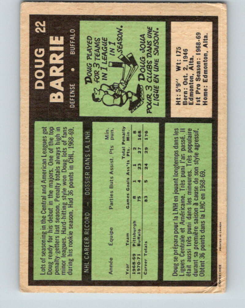 1971-72 O-Pee-Chee #22 Doug Barrie RC Rookie Buffalo Sabres V9038