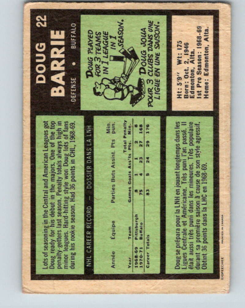 1971-72 O-Pee-Chee #22 Doug Barrie RC Rookie Buffalo Sabres V9039