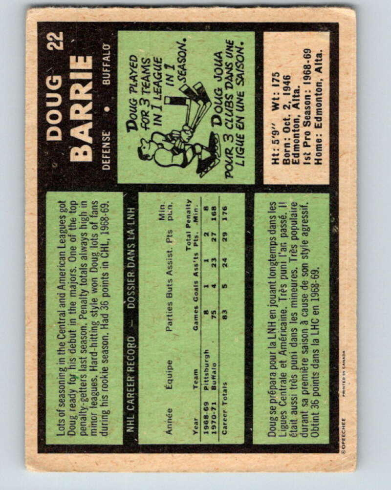 1971-72 O-Pee-Chee #22 Doug Barrie RC Rookie Buffalo Sabres V9040