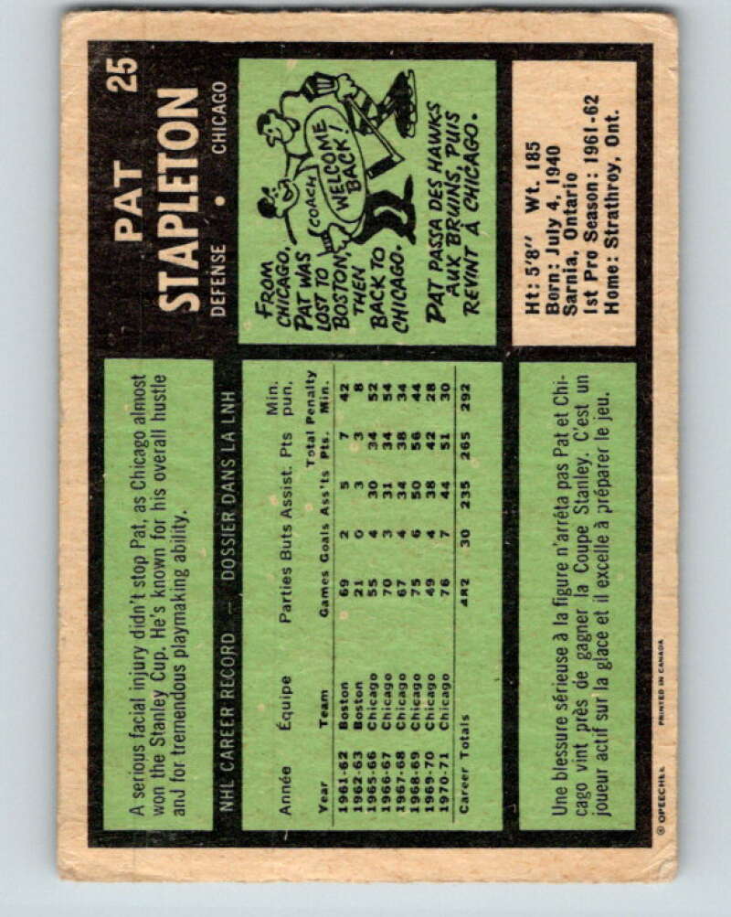 1971-72 O-Pee-Chee #25 Pat Stapleton Chicago Blackhawks V9048