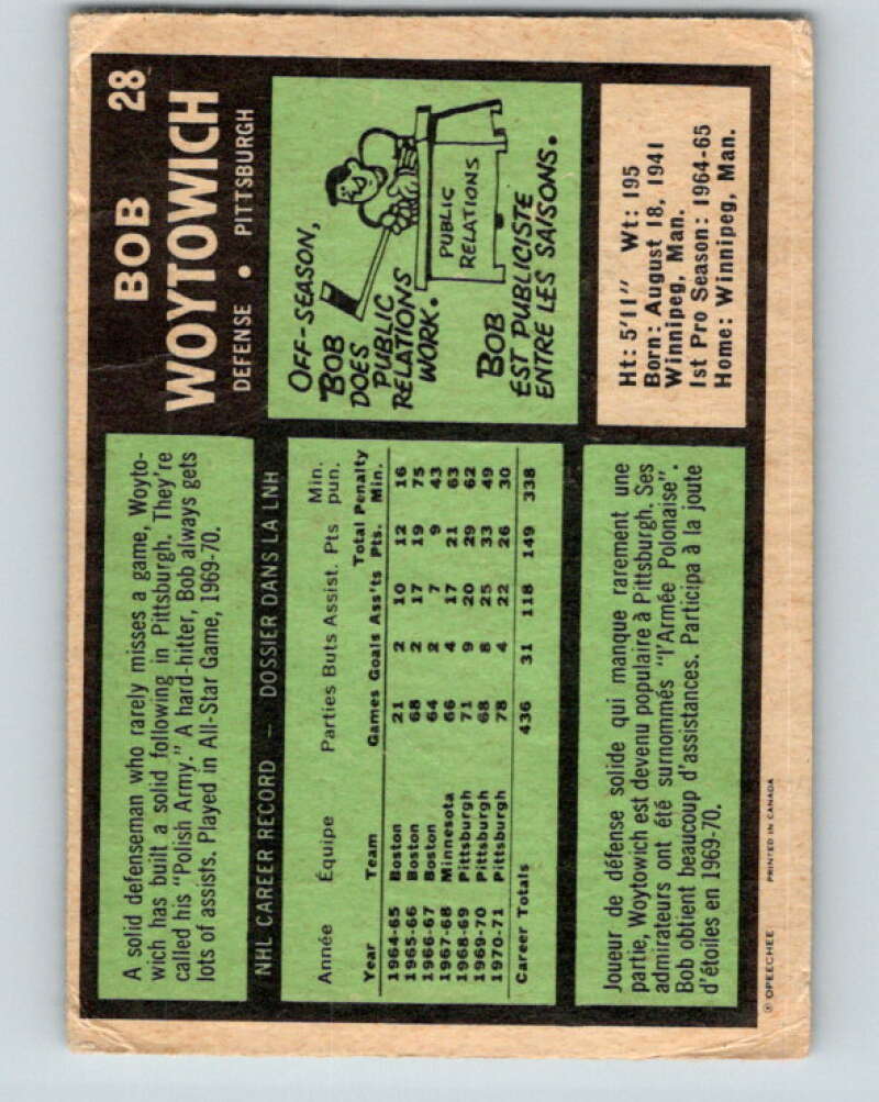 1971-72 O-Pee-Chee #28 Bob Woytowich Pittsburgh Penguins V9055