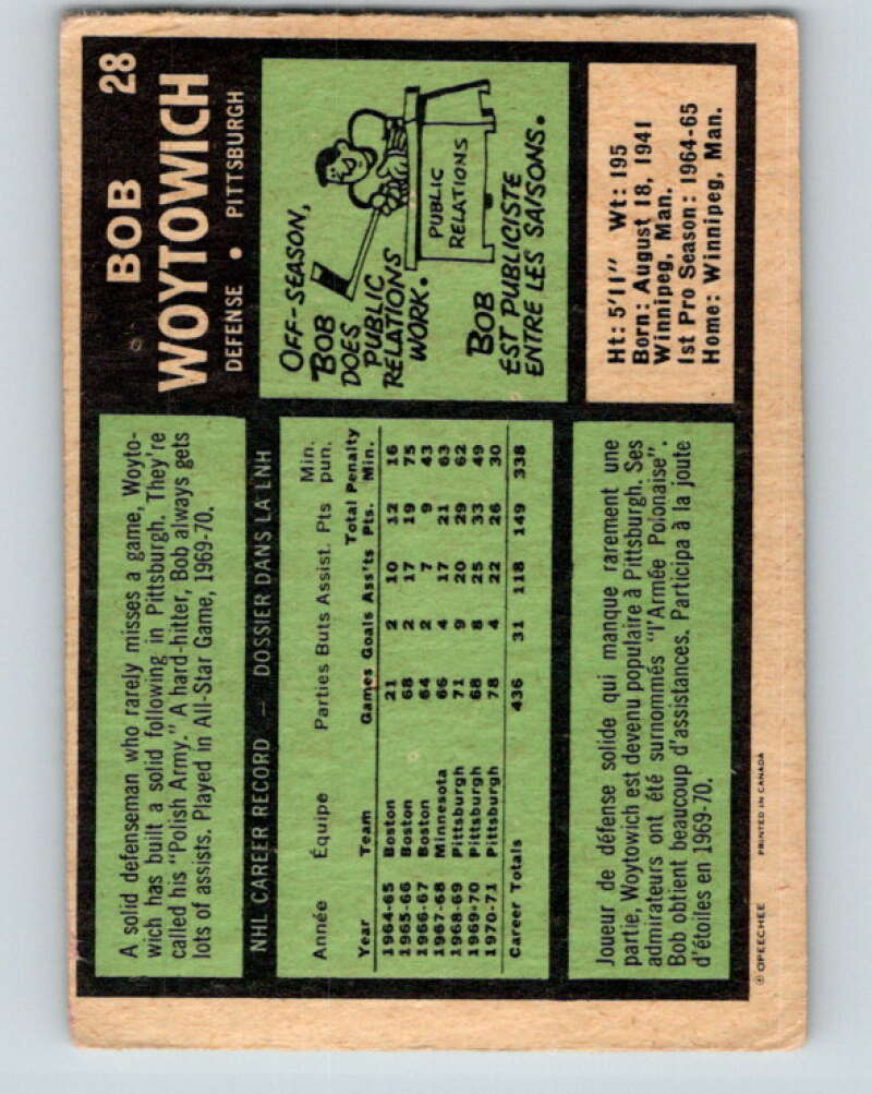 1971-72 O-Pee-Chee #28 Bob Woytowich Pittsburgh Penguins V9056