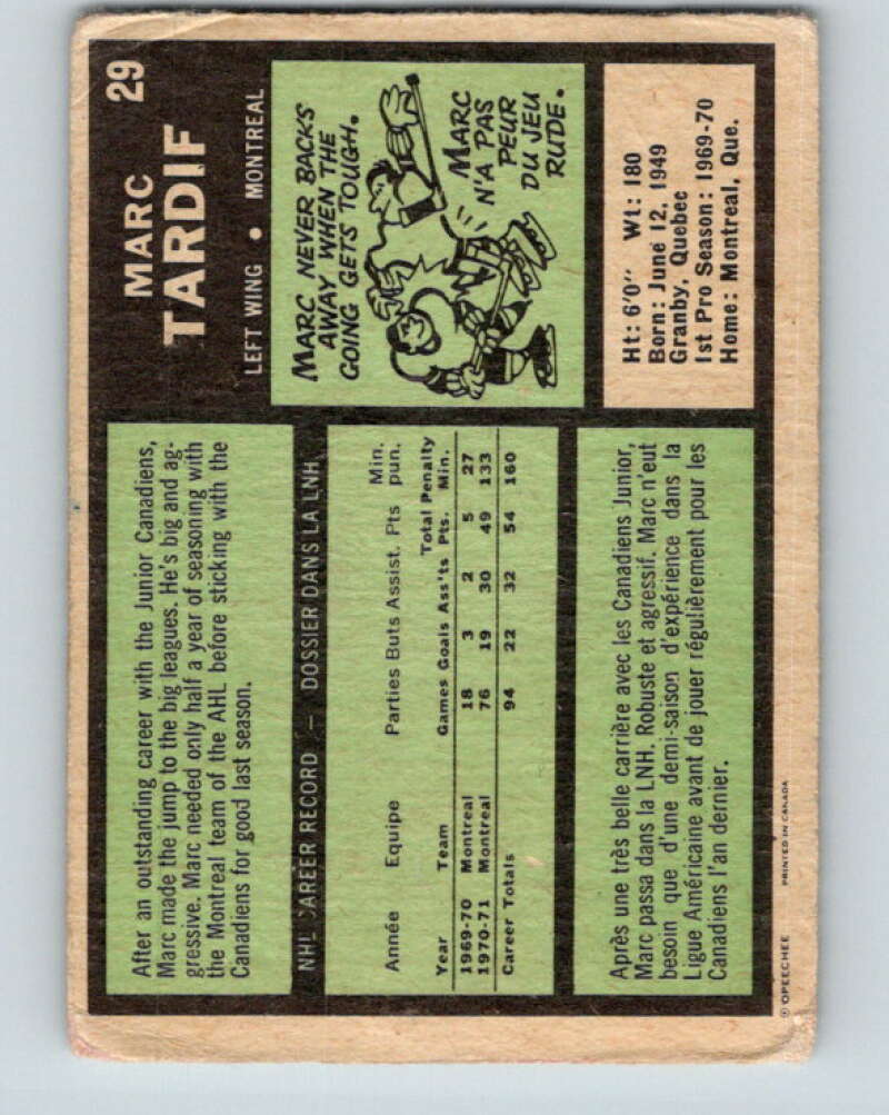 1971-72 O-Pee-Chee #29 Marc Tardif Montreal Canadiens V9057