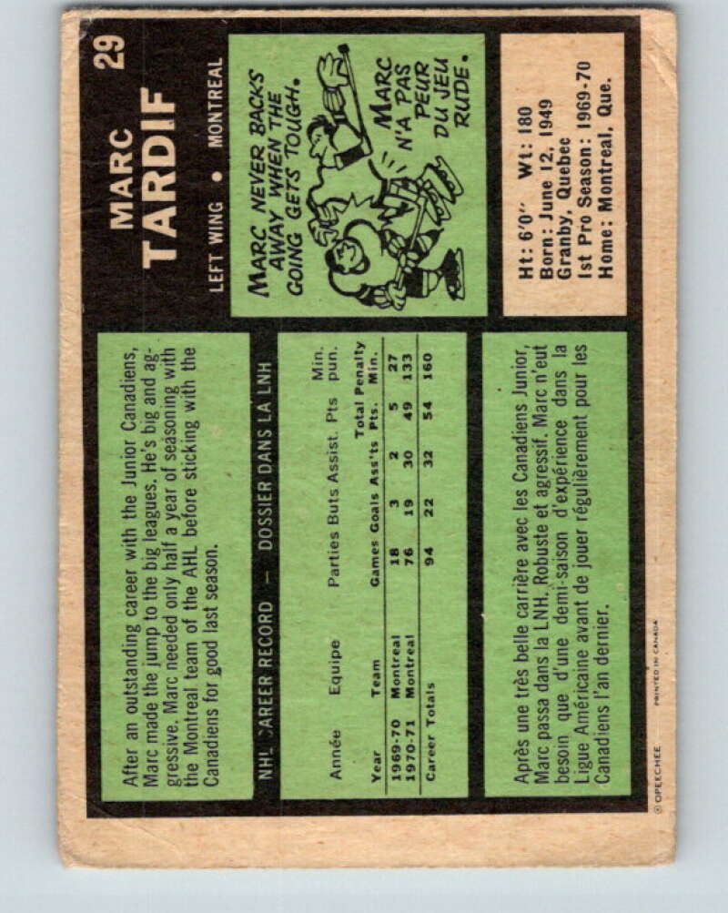 1971-72 O-Pee-Chee #29 Marc Tardif Montreal Canadiens V9058