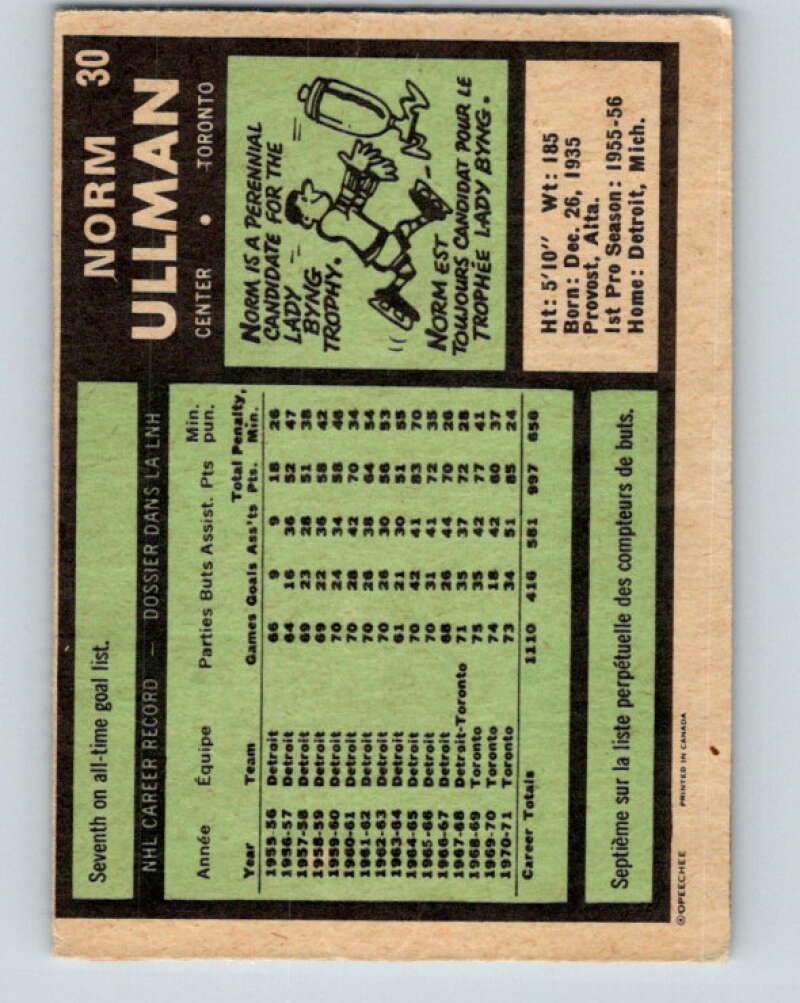1971-72 O-Pee-Chee #30 Norm Ullman Toronto Maple Leafs V9059