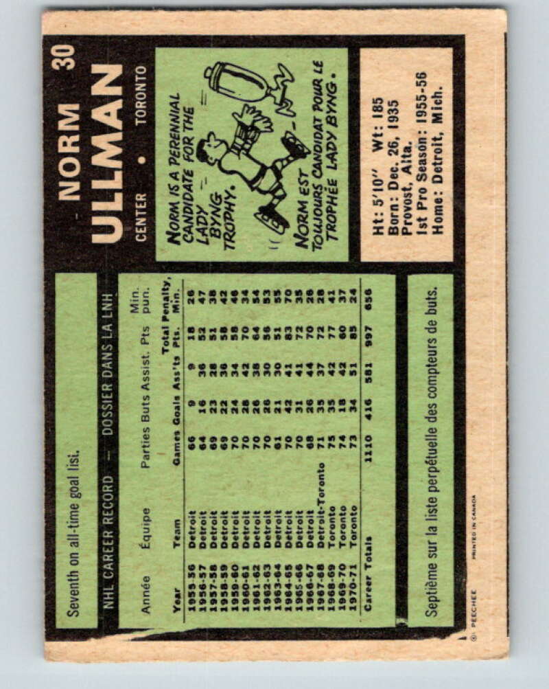 1971-72 O-Pee-Chee #30 Norm Ullman Toronto Maple Leafs V9060