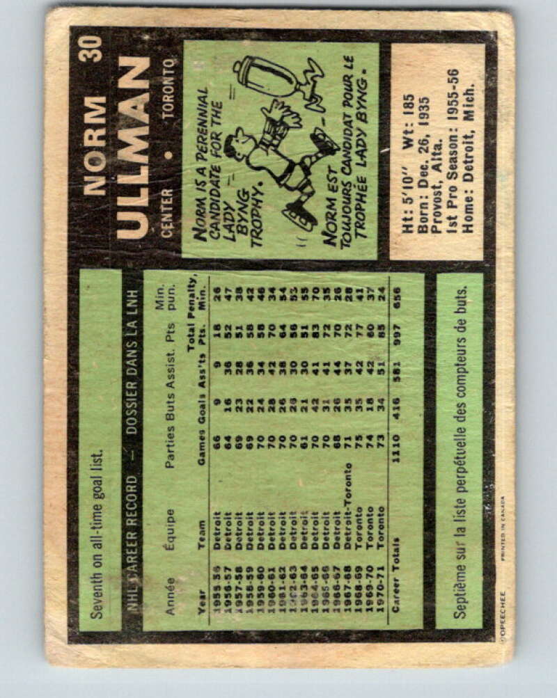 1971-72 O-Pee-Chee #30 Norm Ullman Toronto Maple Leafs V9061